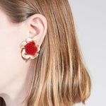 Red Floral Pompom Earrings